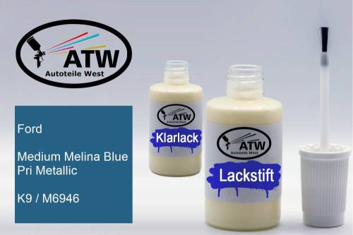 Ford, Medium Melina Blue Pri Metallic, K9 / M6946: 20ml Lackstift + 20ml Klarlack - Set, von ATW Autoteile West.